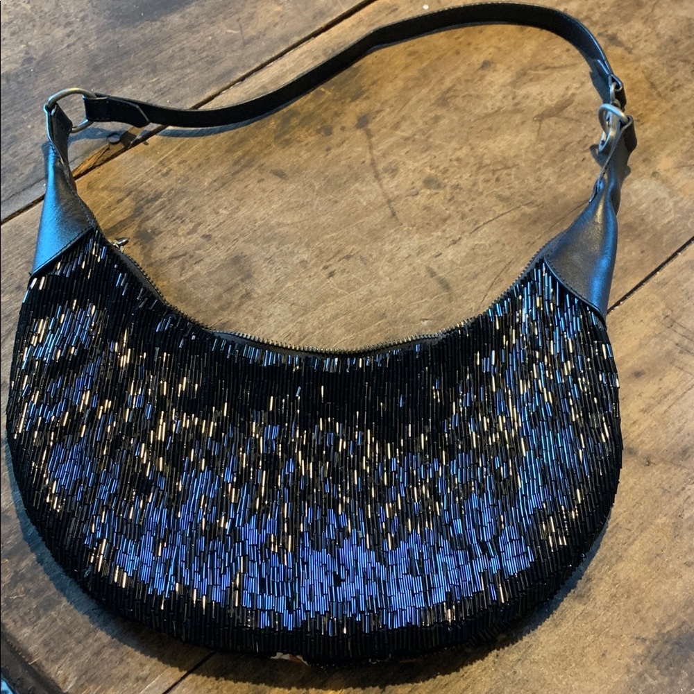 Like New Free People Bugle Beaded Floral Embroidered Black and Brown Hobo Bag - Picture 6 of 13